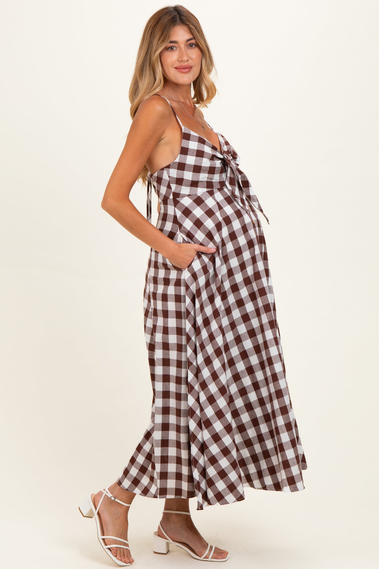 Chocolate Gingham Tie Front Racerback Maternity Midi Dress – PinkBlush