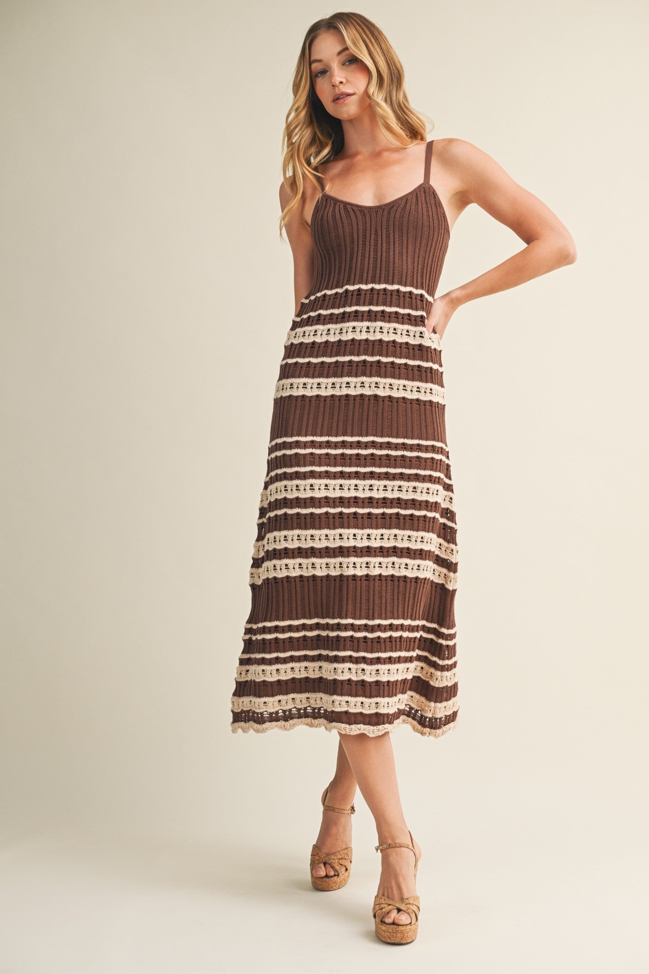 Chocolate Sleeveless Striped Crochet Dress