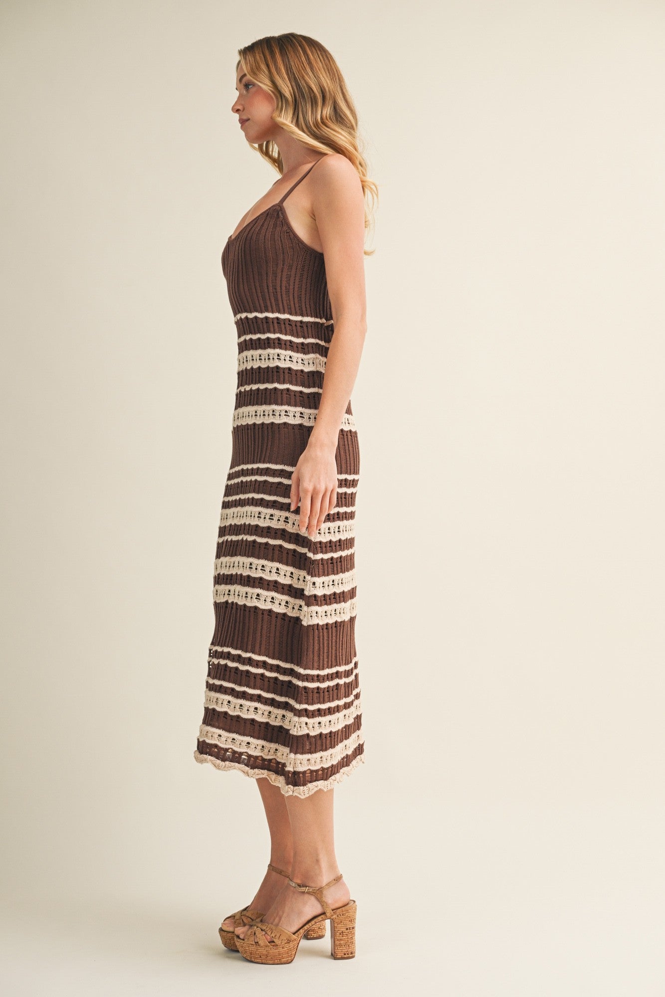 Chocolate Sleeveless Striped Crochet Dress