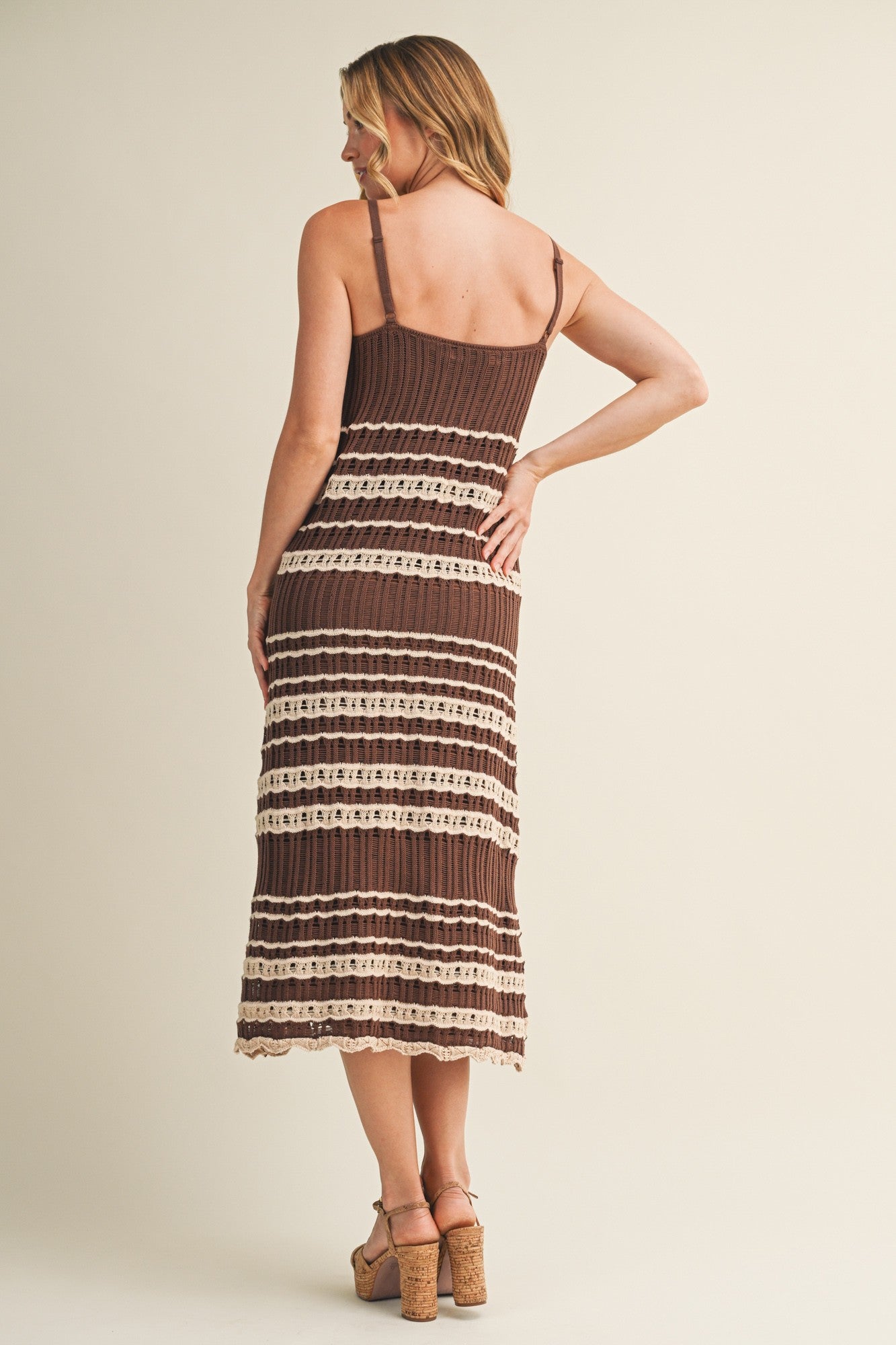 Chocolate Sleeveless Striped Crochet Dress