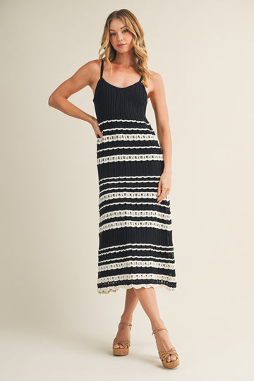 Navy Sleeveless Striped Crochet Dress