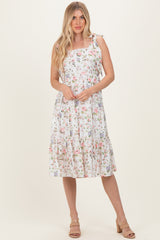 Ivory Floral Shoulder Tie Tiered Midi Dress