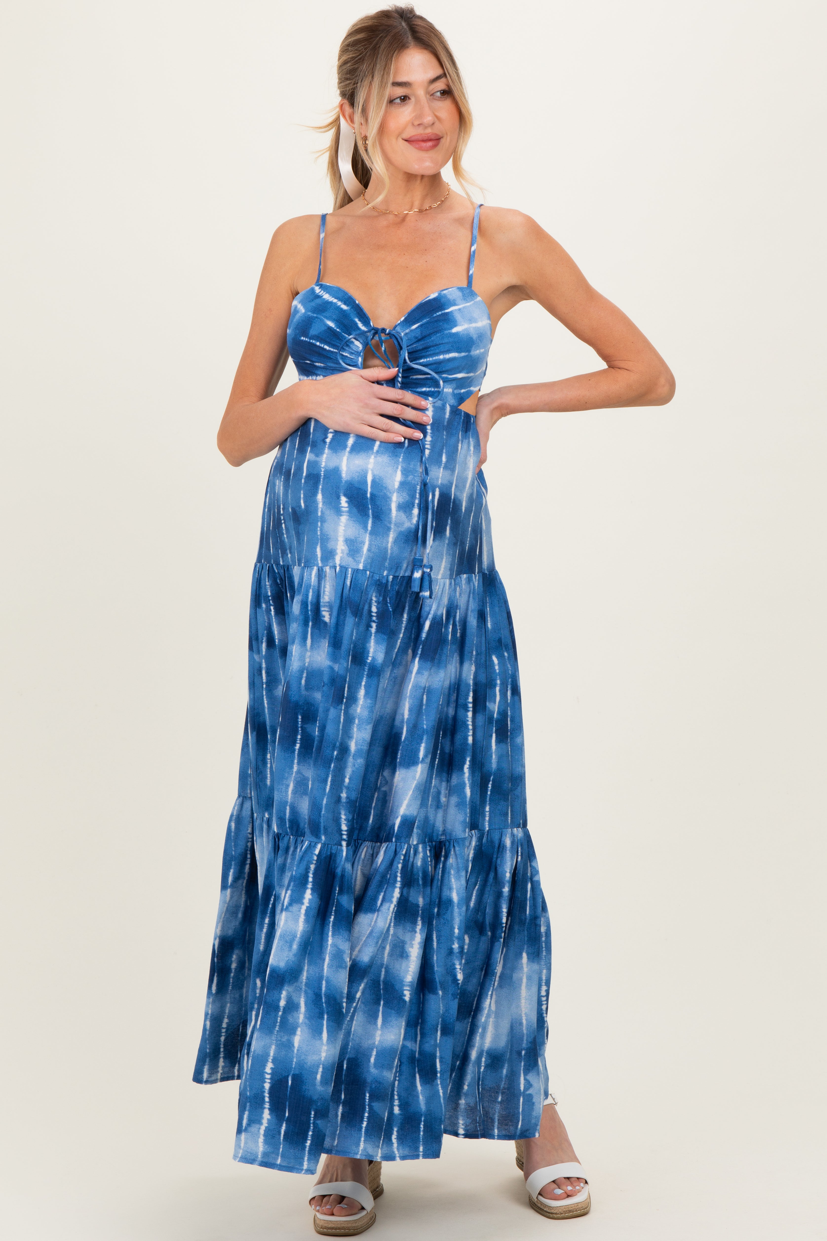 Blue Tie Dye Cutout Tie Back Maternity Maxi Dress Blue Tie Dye Cutout Tie Back Maternity Maxi Dress