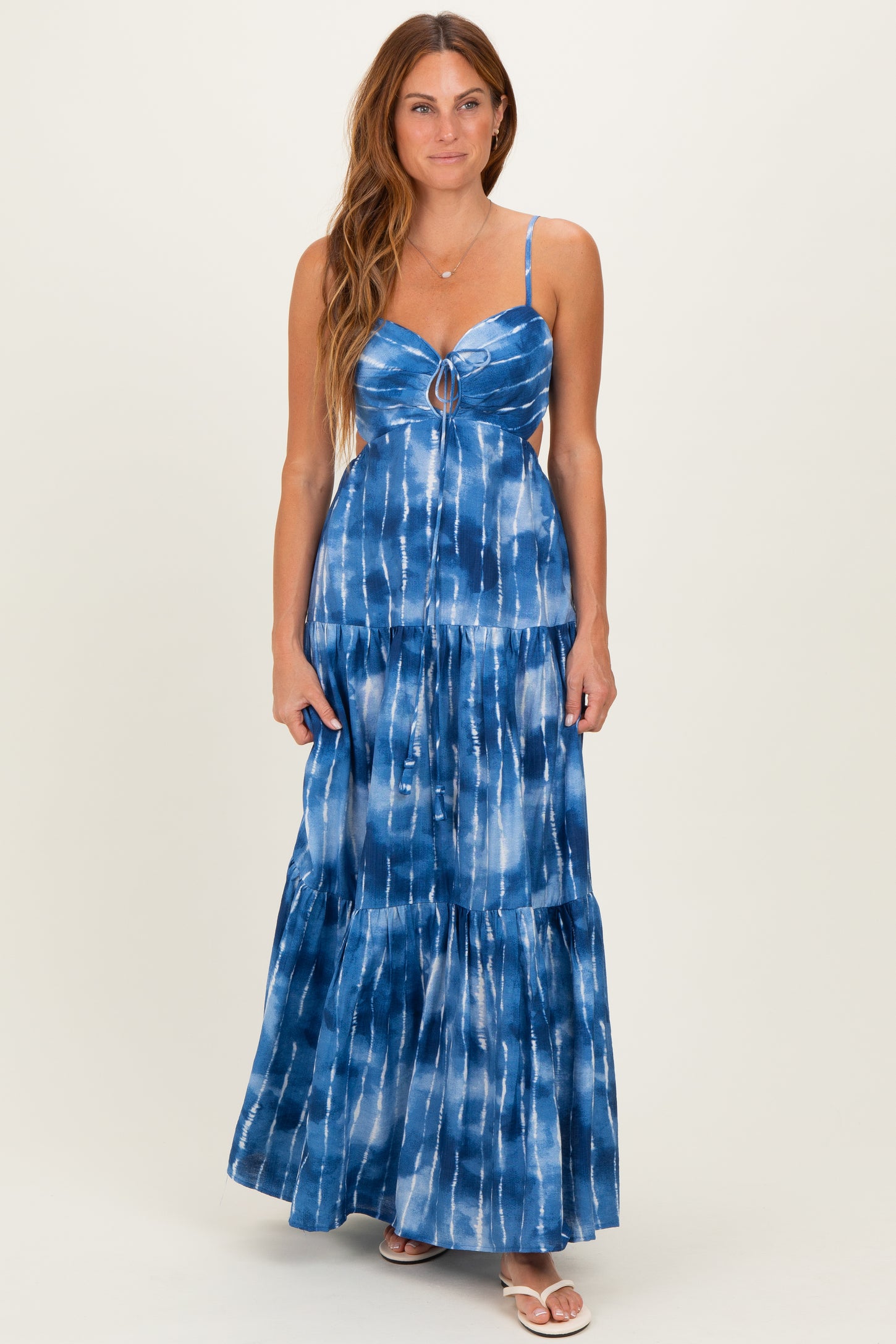 Blue Tie Dye Cutout Tie Back Maternity Maxi Dress โ PinkBlush