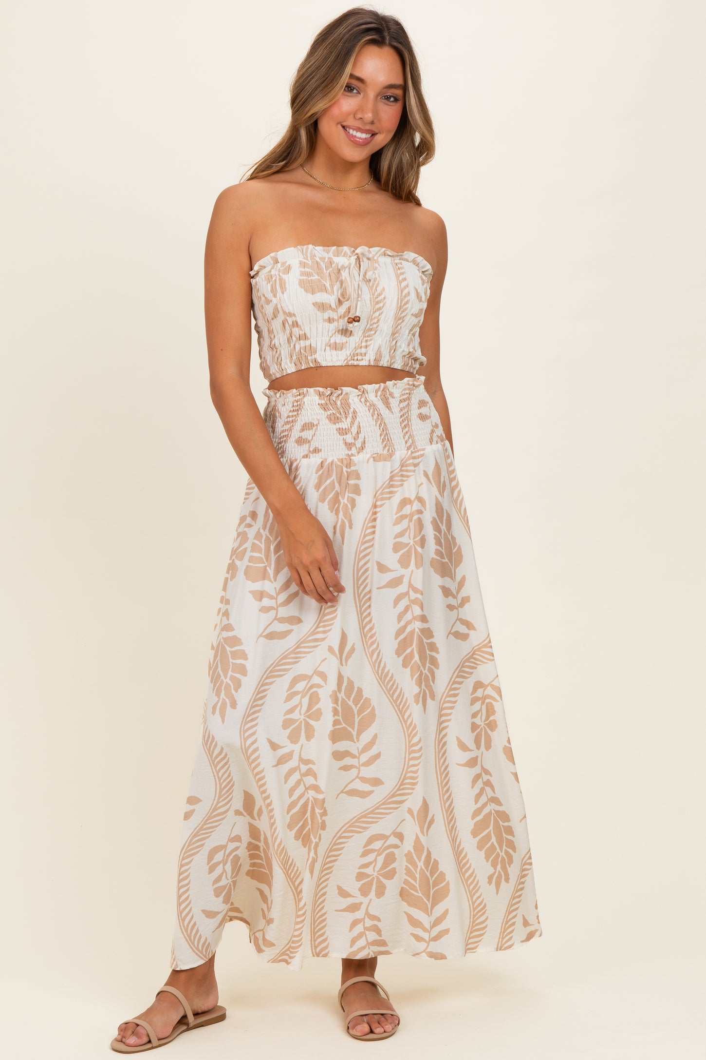 crop top with maxi dress Beige Leaf Print Smocked Crop Top Maxi Skirt Set