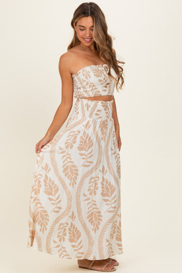 Beige Leaf Print Smocked Crop Top Maxi Skirt Set