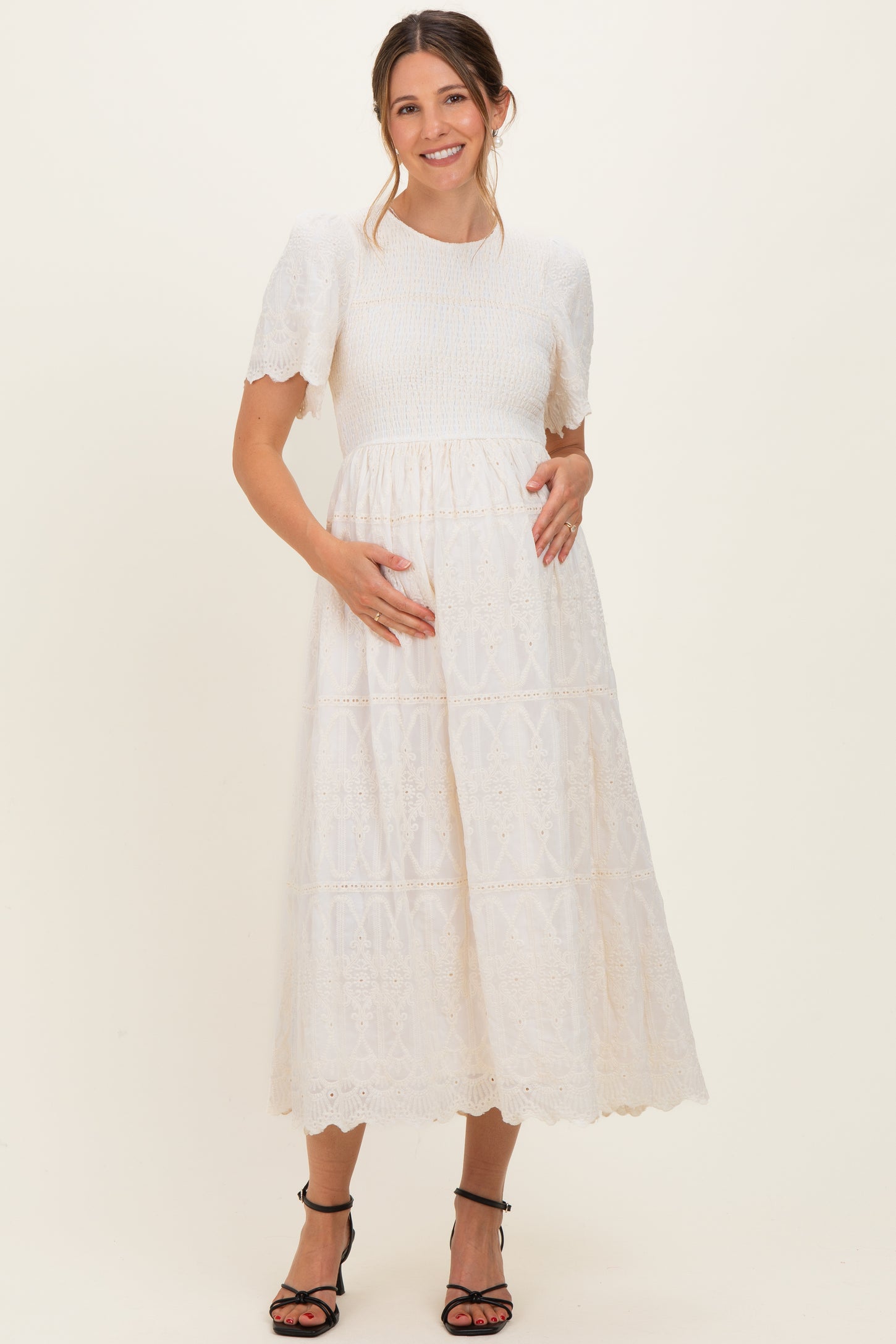 Cream Smocked Embroidered Maternity Midi Dress
