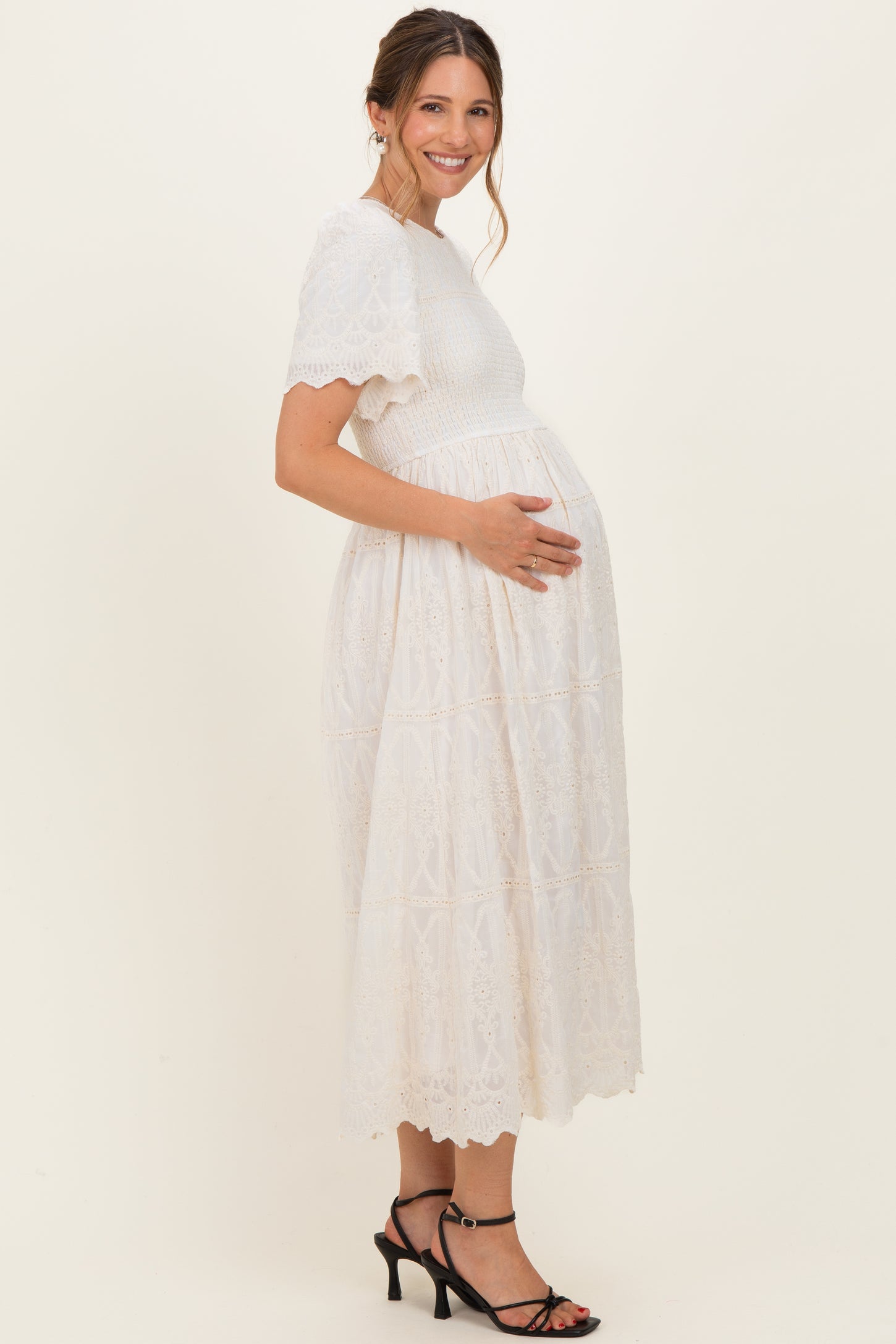 Cream Smocked Embroidered Maternity Midi Dress