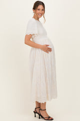 Cream Smocked Embroidered Maternity Midi Dress