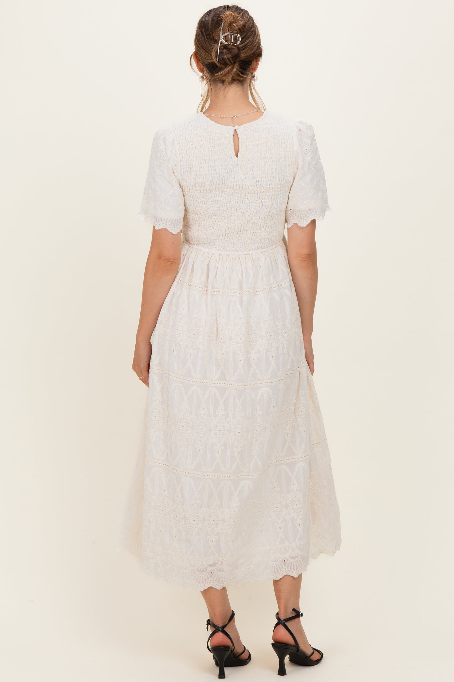 Cream Smocked Embroidered Maternity Midi Dress