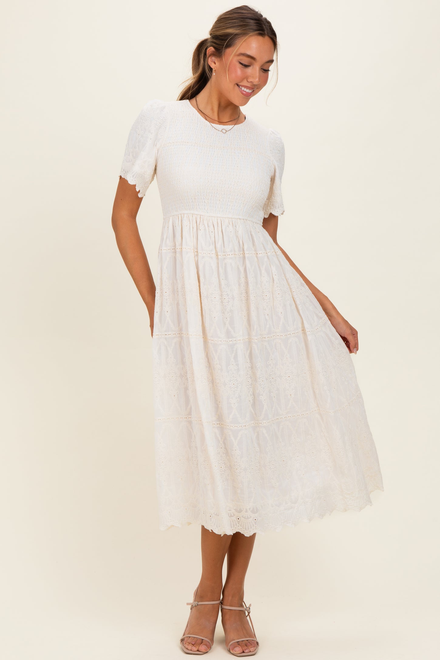 Cream Smocked Embroidered Maternity Midi Dress