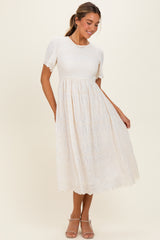Cream Smocked Embroidered Maternity Midi Dress