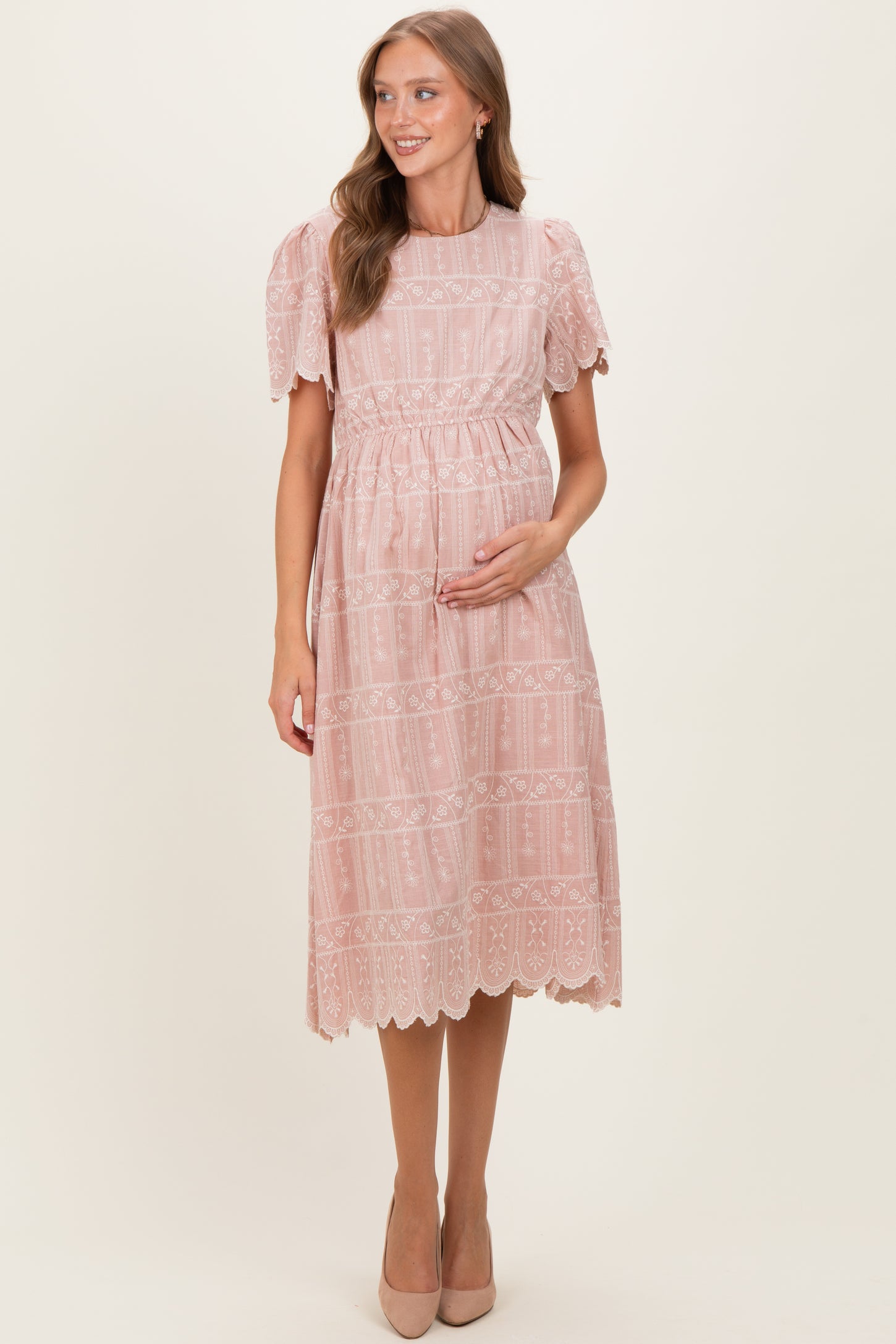 midi pink maternity dress Pinkblush Light Pink Front Tie Ruffle Sleeve Maternity Midi Dress Medium