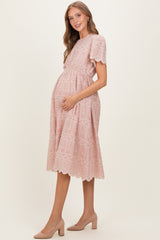 Light Pink Embroidered Floral Maternity Midi Dress