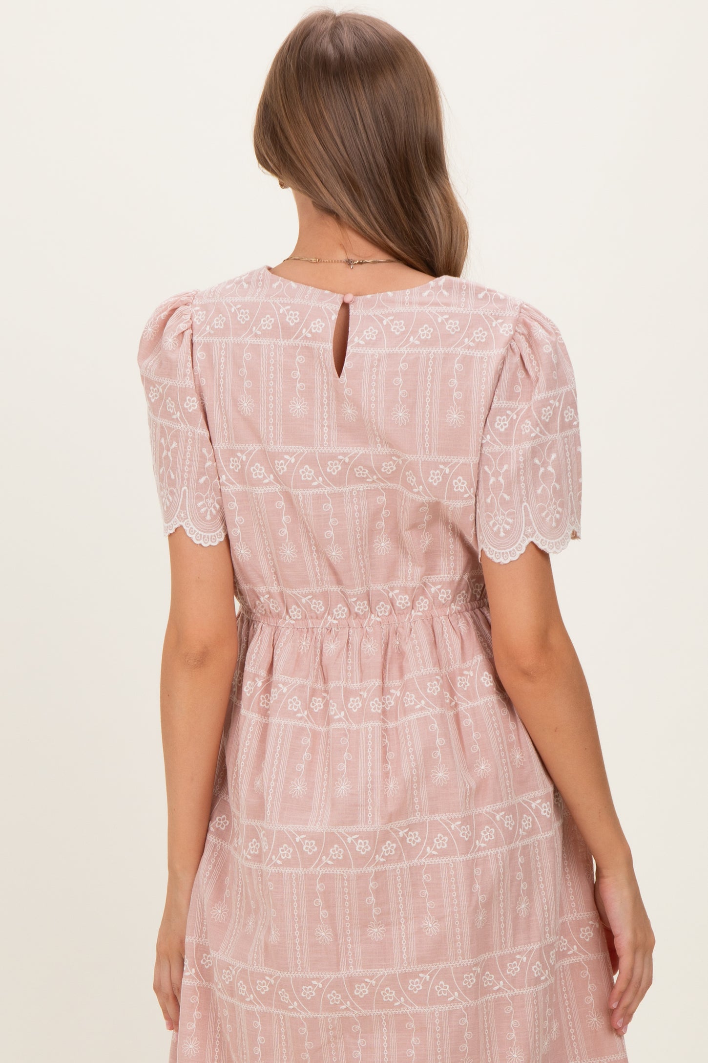 Light Pink Embroidered Floral Maternity Midi Dress