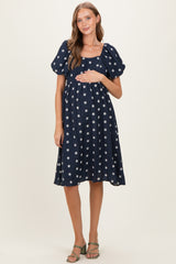 Navy Blue Floral Embroidered Short Sleeve Maternity Dress