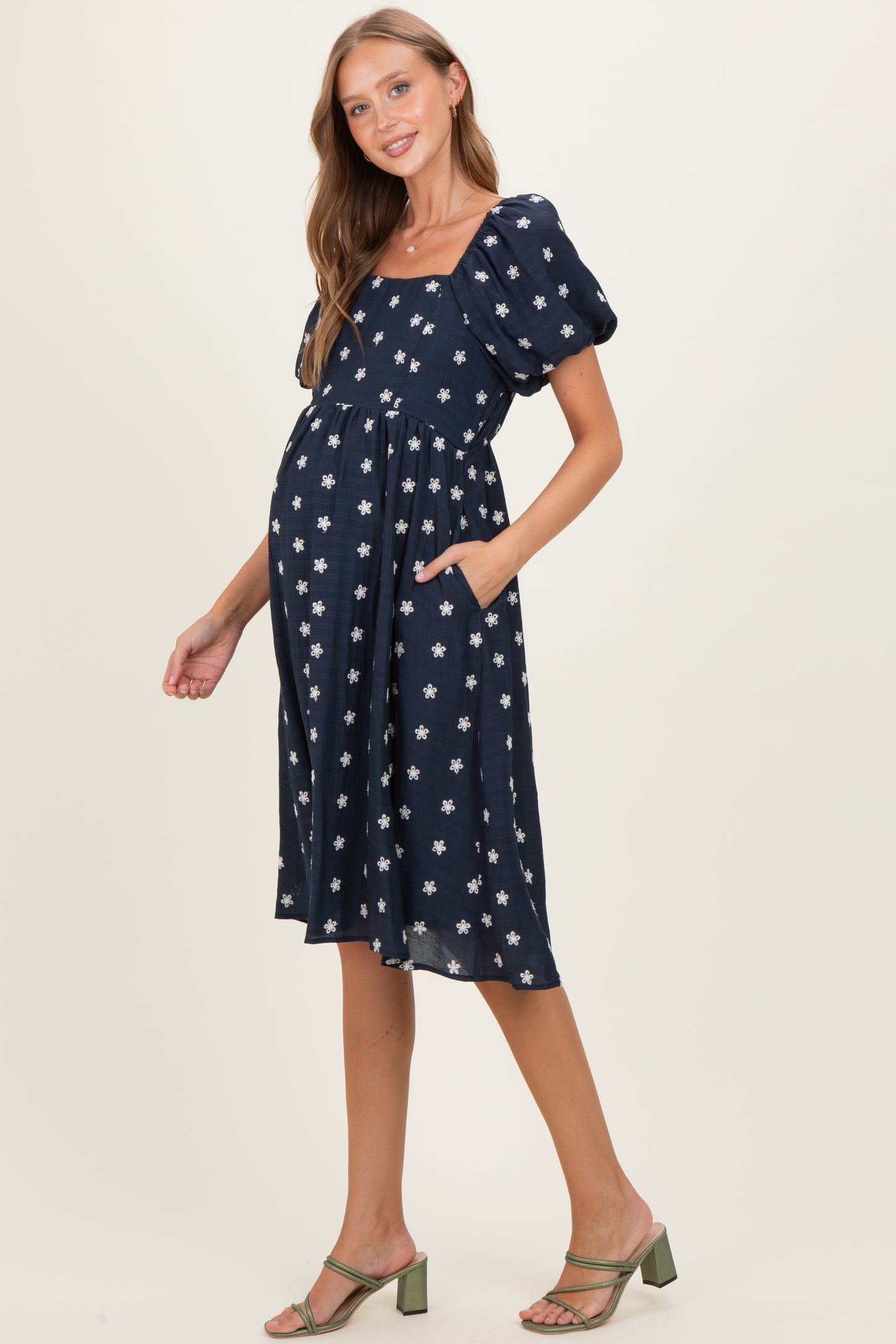 Navy Blue Floral Embroidered Short Sleeve Maternity Dress – PinkBlush