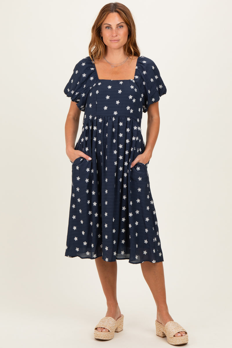 Navy Blue Floral Embroidered Short Sleeve Dress – PinkBlush