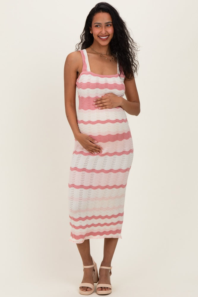 crochet tank dress Pink Crochet Knit Striped Maternity Tank Dress