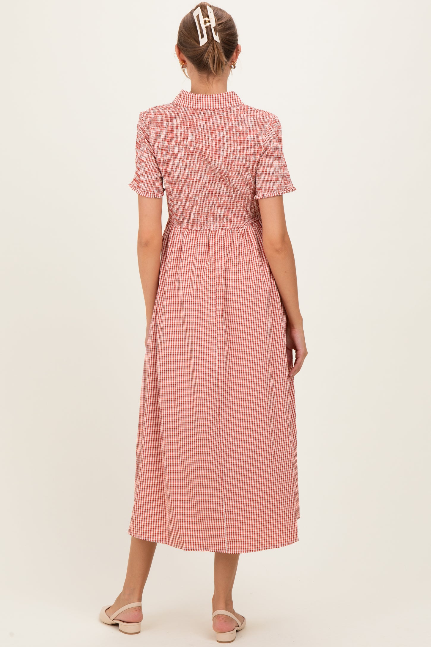 Red Smocked Gingham Collared Maternity Midi Dress