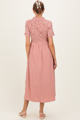 Red Smocked Gingham Collared Maternity Midi Dress