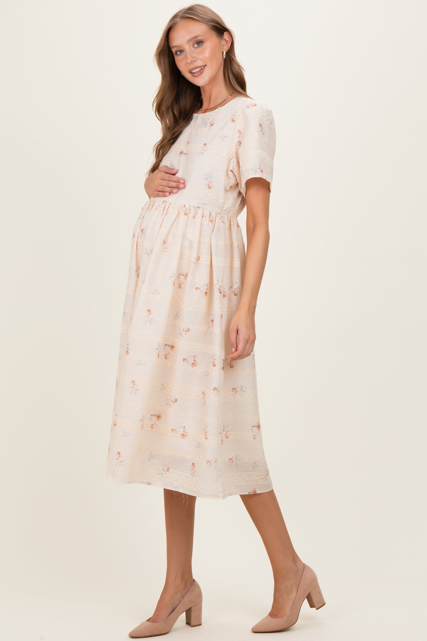 Beige Floral Embroidered Short Sleeve Maternity Midi Dress