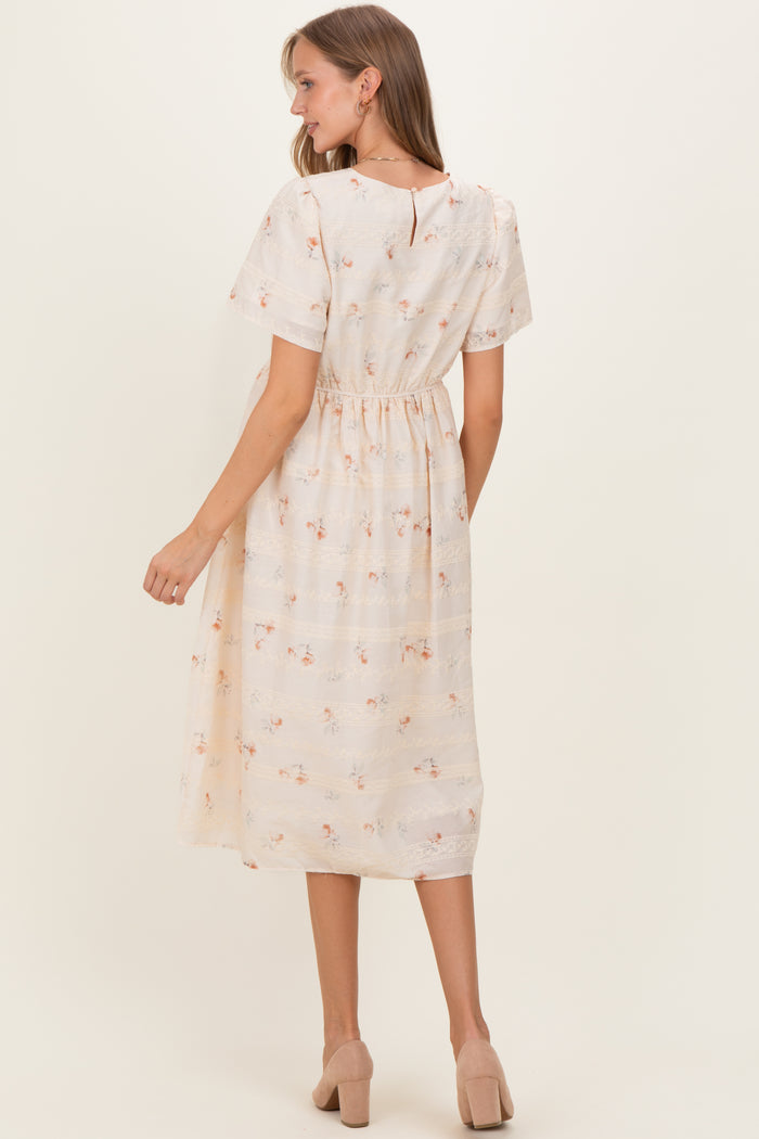 Beige Floral Embroidered Short Sleeve Maternity Midi Dress