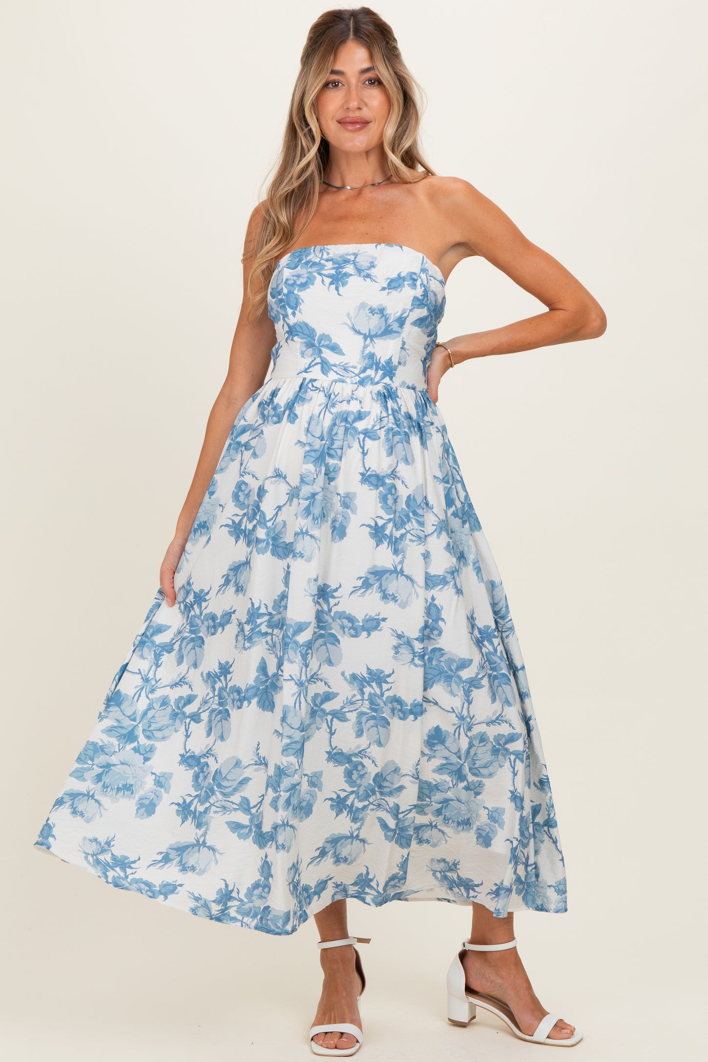 Blue Floral Strapless Maternity Midi Dress – PinkBlush