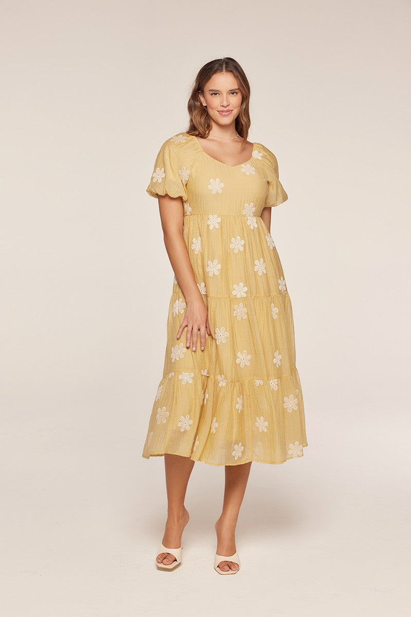 floral yellow midi dress Saffron Yellow Embroidered Floral Tiered Maternity Midi Dress – PinkBlush