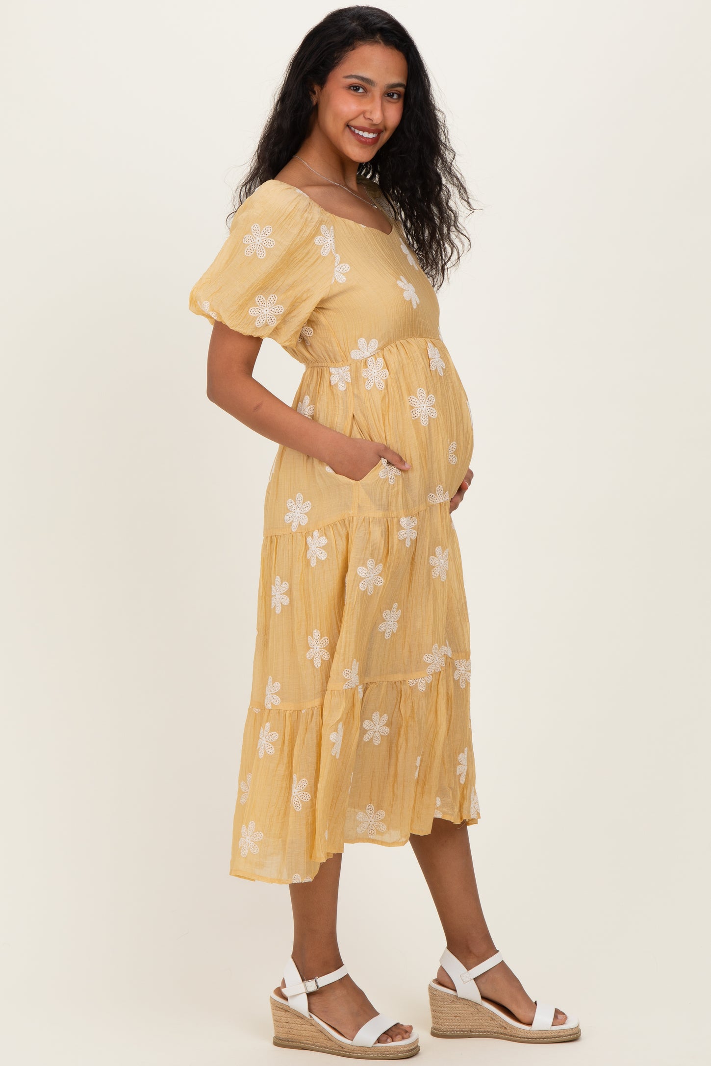 Saffron Yellow Embroidered Floral Tiered Maternity Midi Dress – PinkBlush