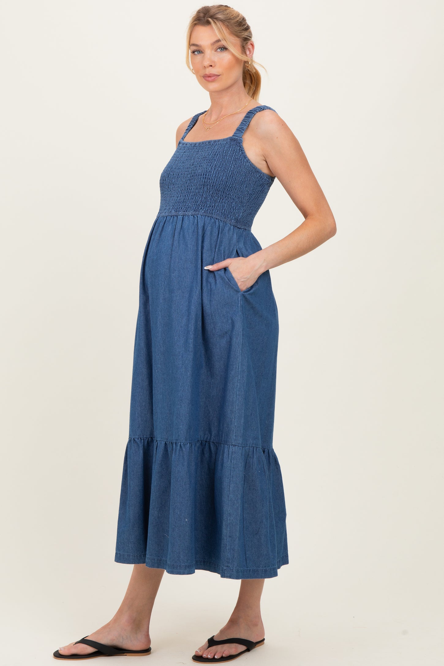Denim Chambray Smocked Sleeveless Maternity Midi Dress – PinkBlush