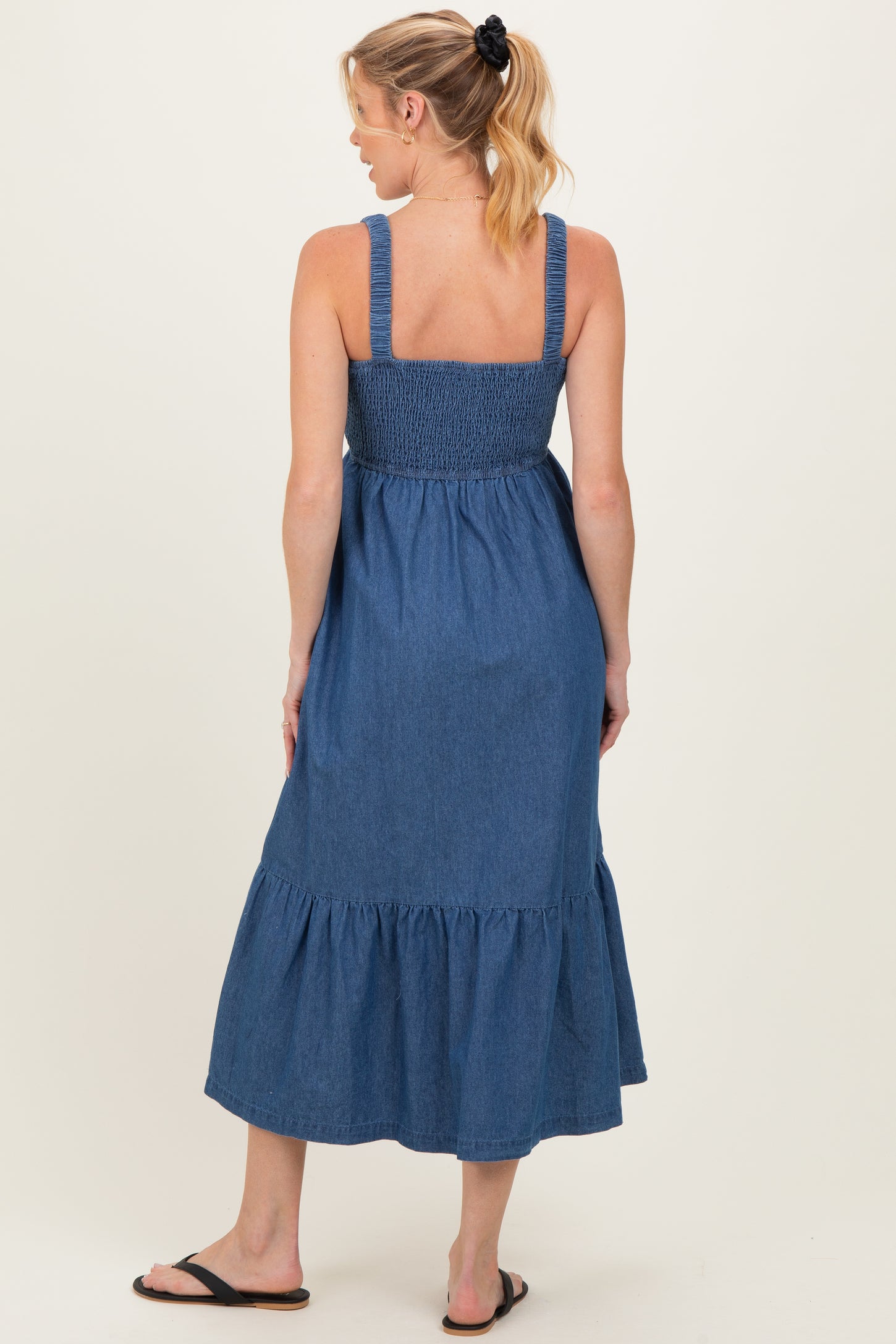Denim Chambray Smocked Sleeveless Maternity Midi Dress