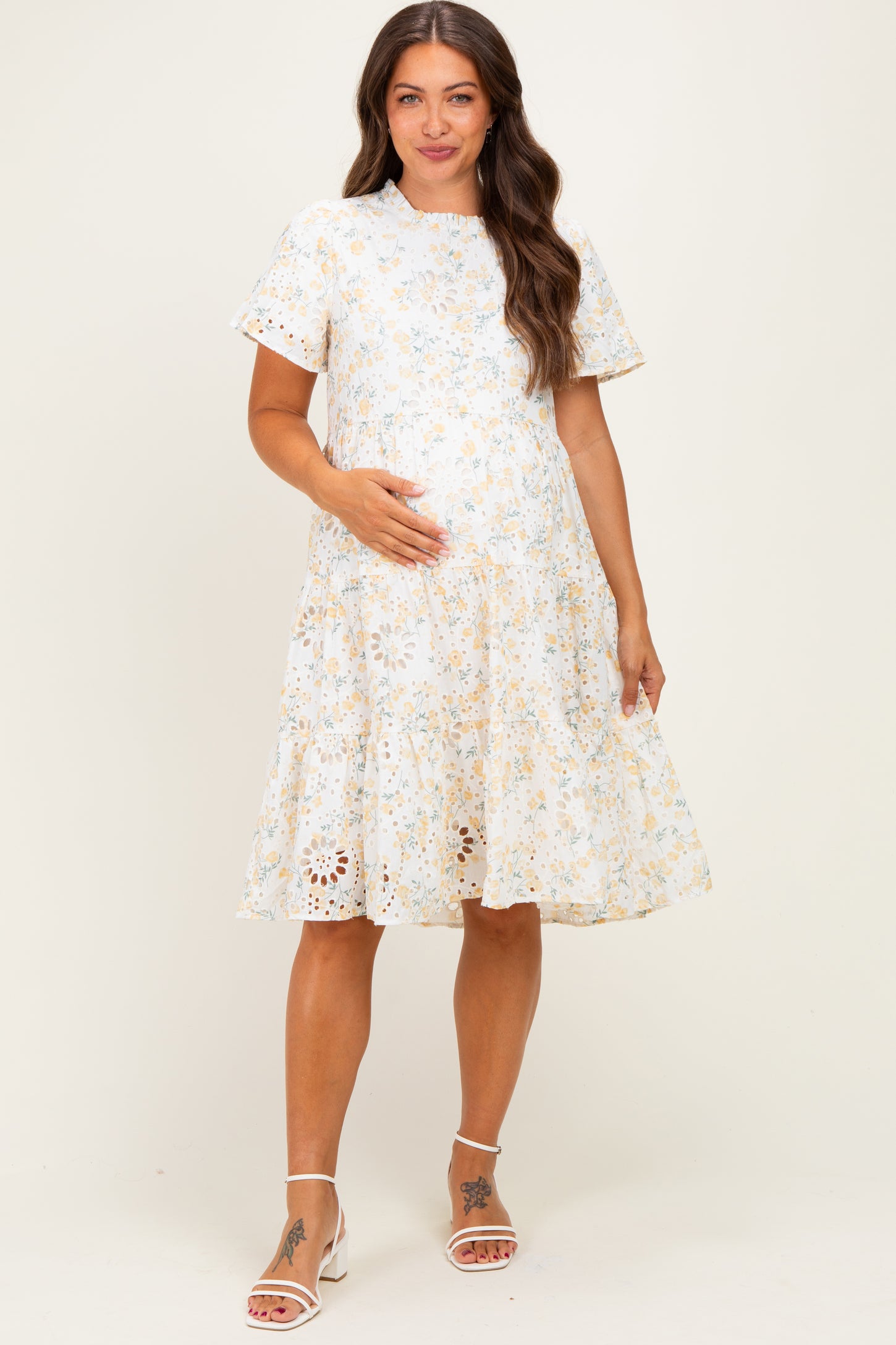 Ivory Floral Eyelet Lace Maternity Midi Dress