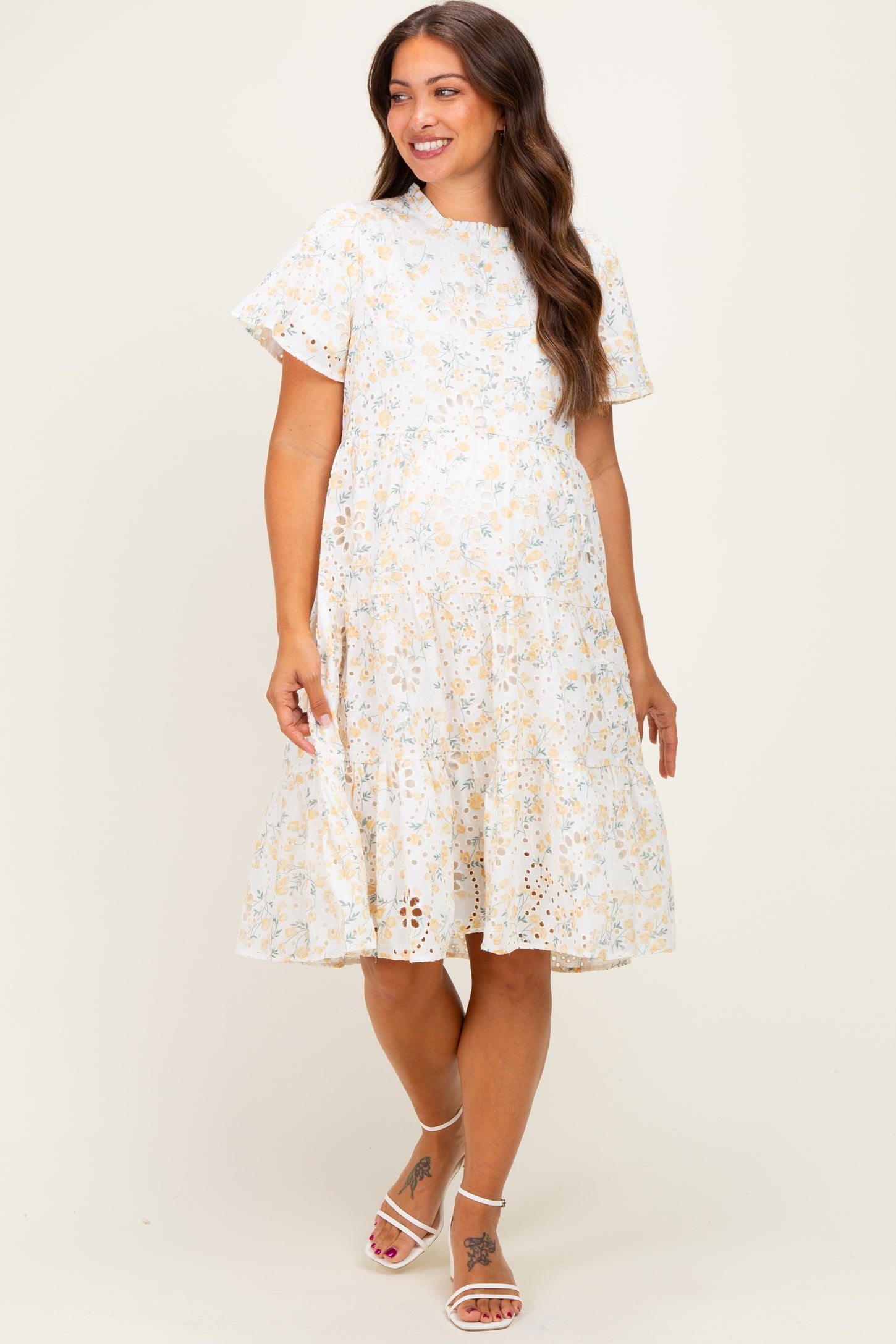 Ivory Floral Eyelet Lace Maternity Midi Dress