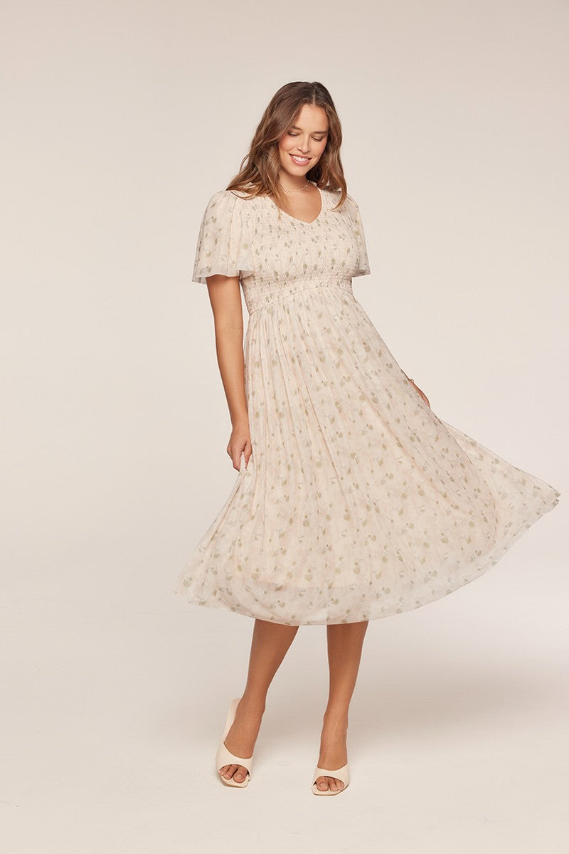floral chiffon midi dress with sleeves Dress, 3/4 Sleeve Tie Belt Rihoas Square Neck Puff Sleeve