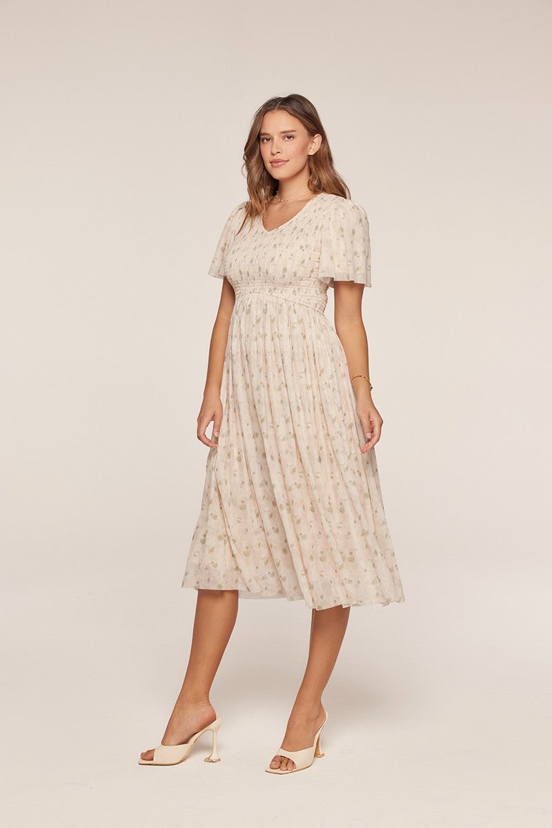 Cream Floral Chiffon Smocked Midi Dress