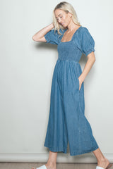 Denim Chambray Puff Sleeve Wide Leg Jumpsuit