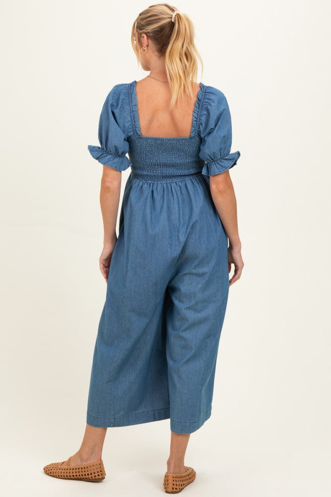 Denim Chambray Puff Sleeve Wide Leg Maternity Jumpsuit