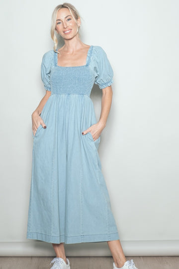 Light Blue Chambray Puff Sleeve Wide Leg Jumpsuit