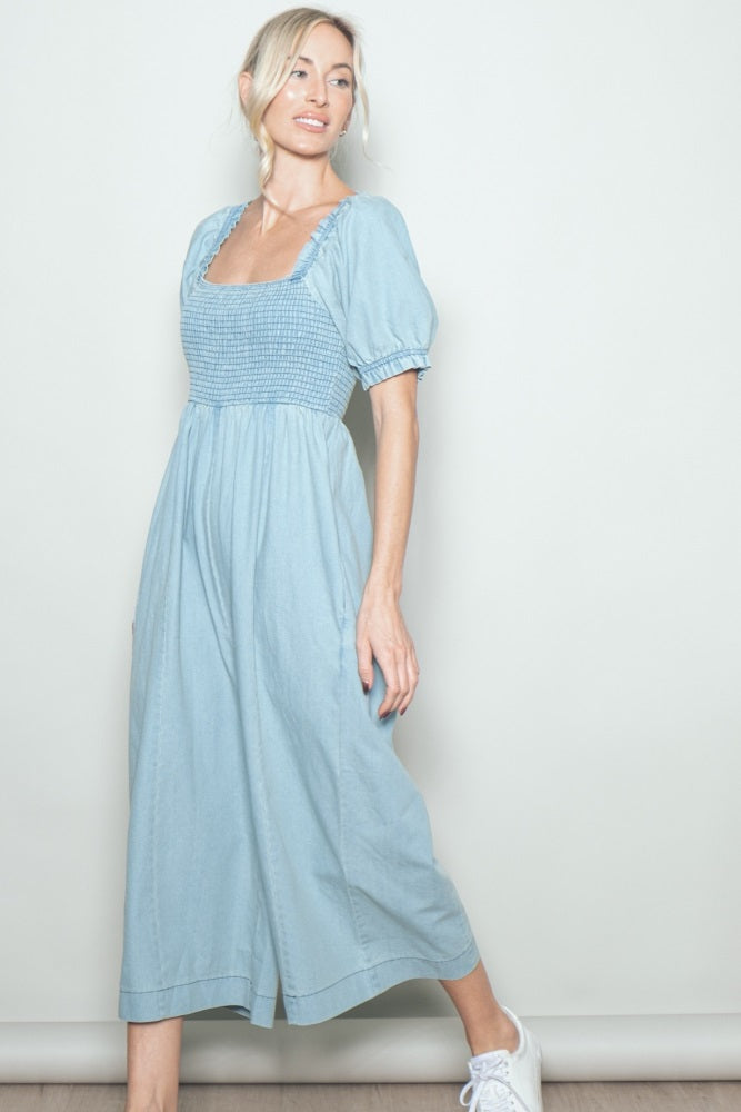 Light Blue Chambray Puff Sleeve Wide Leg Jumpsuit