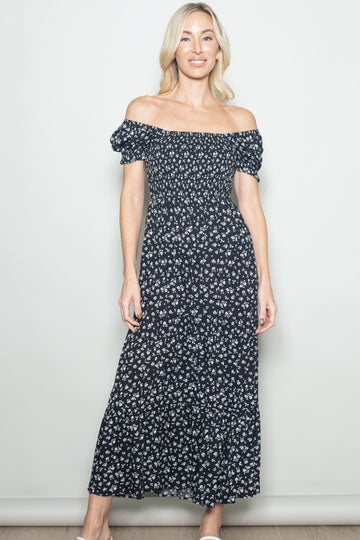 Black Floral Smocked Puff Sleeve Maxi Dress