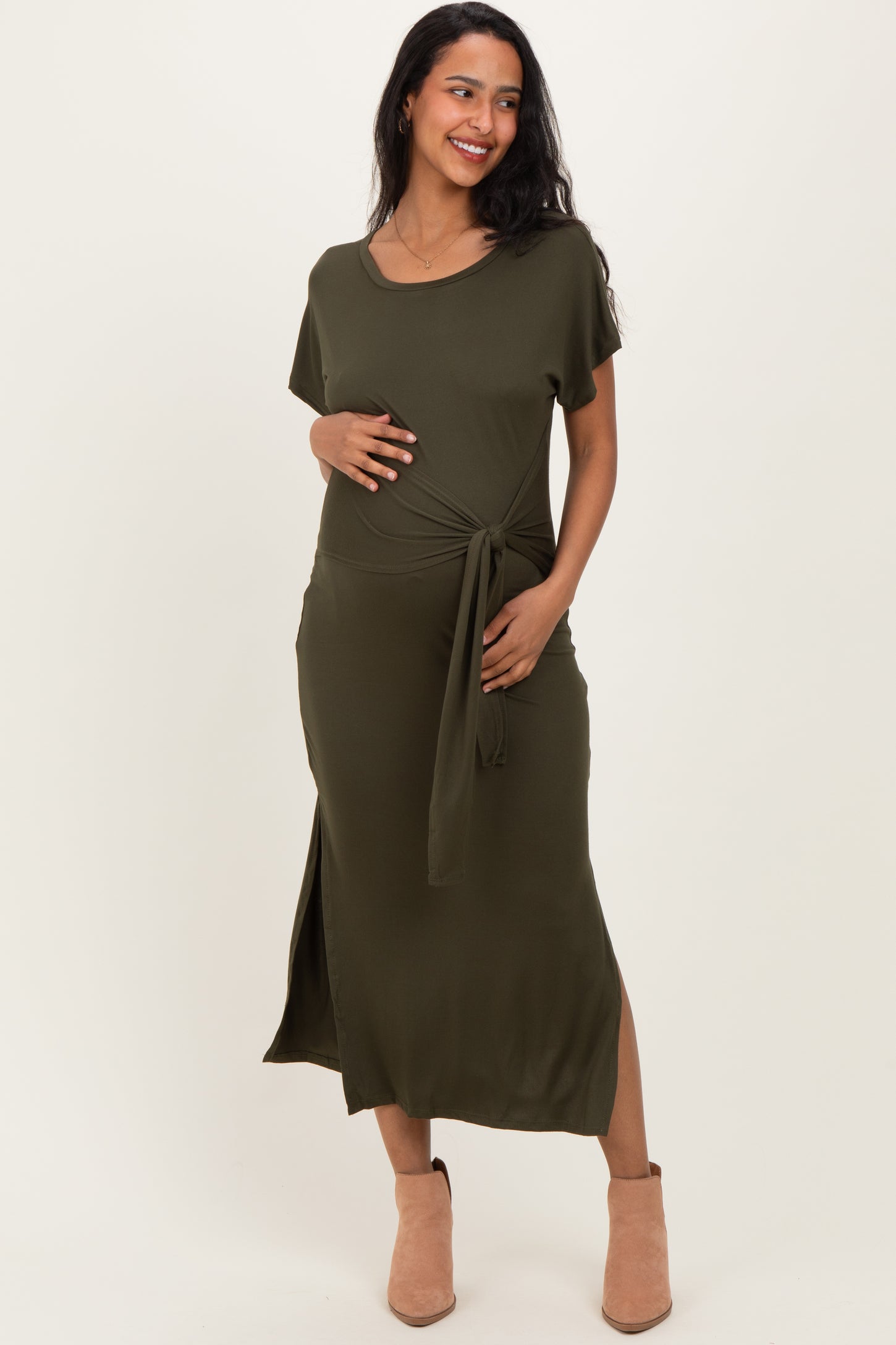 Olive Waist Tie Short Sleeve Side Slit Maternity Dress