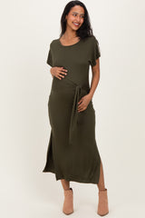 Olive Waist Tie Short Sleeve Side Slit Maternity Dress