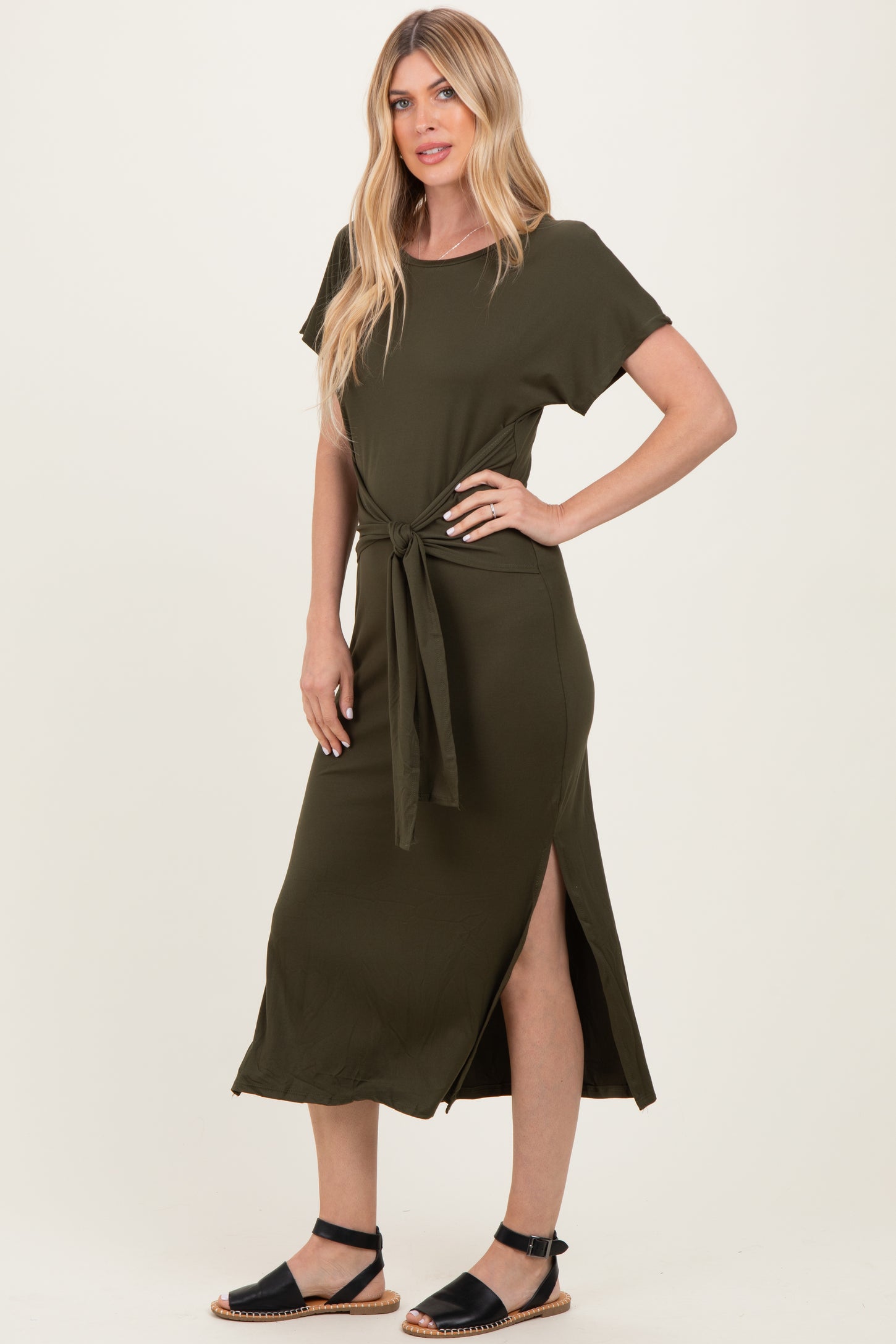 Olive Waist Tie Short Sleeve Side Slit Dress