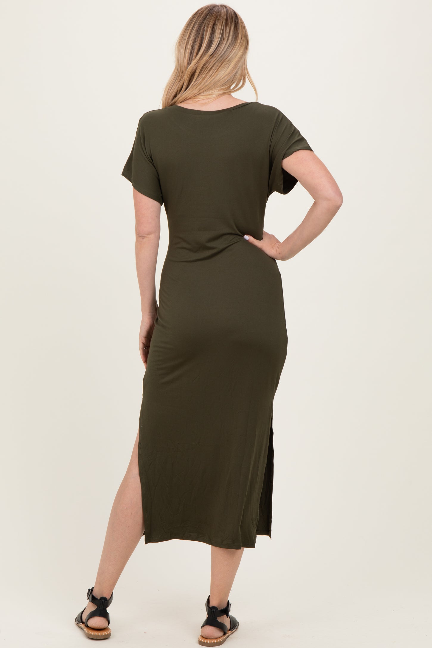 Olive Waist Tie Short Sleeve Side Slit Dress