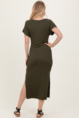 Olive Waist Tie Short Sleeve Side Slit Dress