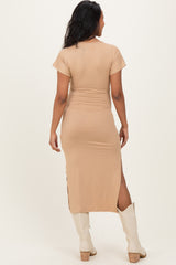 Camel Waist Tie Short Sleeve Side Slit Maternity Dress