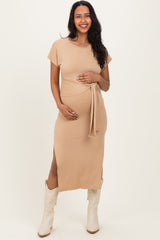 Camel Waist Tie Short Sleeve Side Slit Maternity Dress