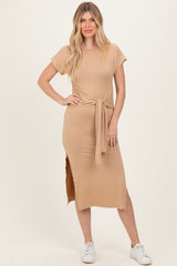 Camel Waist Tie Short Sleeve Side Slit Maternity Dress