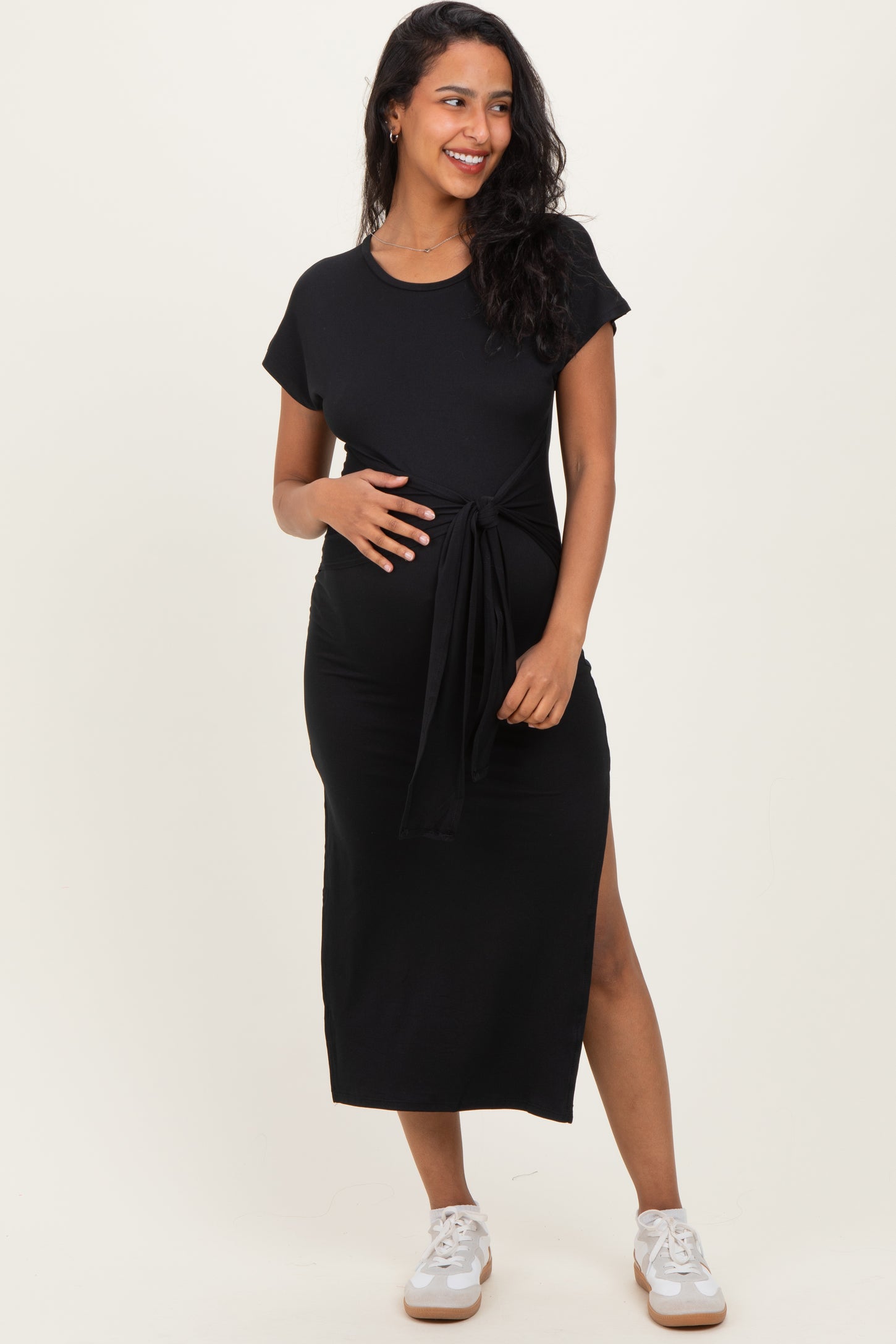 Black Waist Tie Short Sleeve Side Slit Maternity Dress – PinkBlush